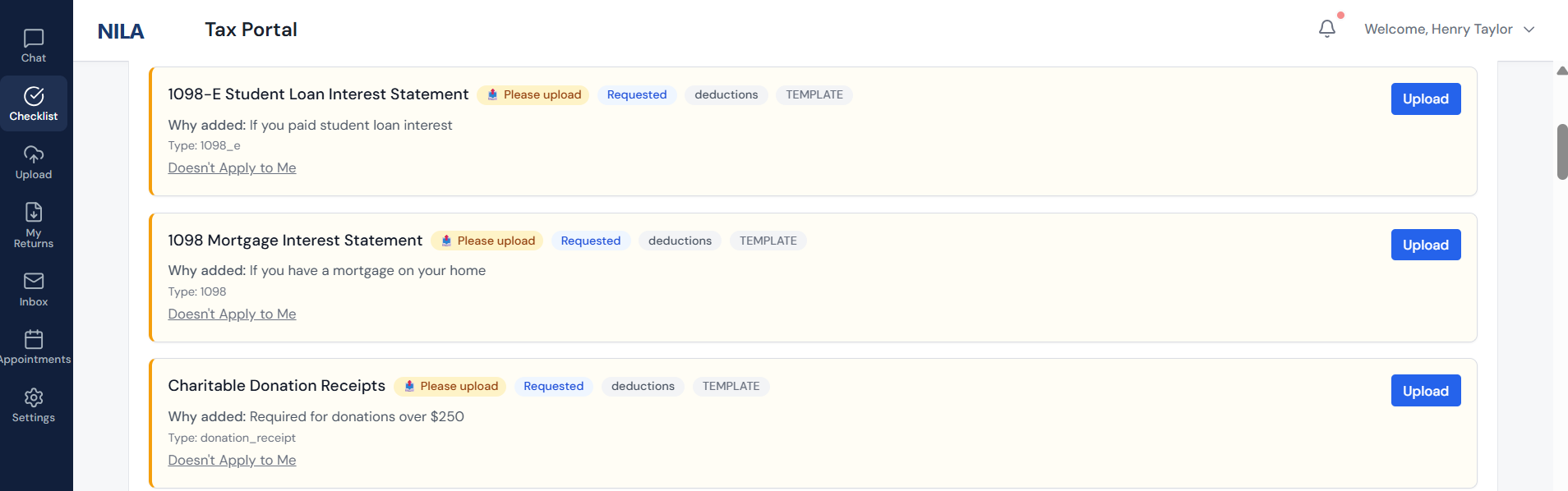 Client document upload in NILA (screenshot)